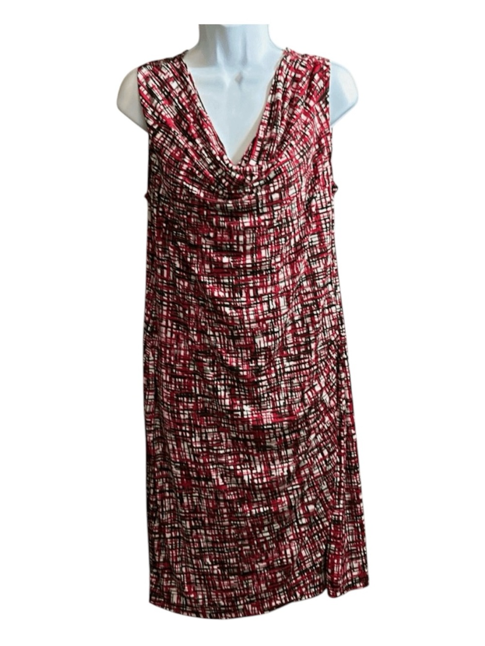 Sleeveless Red Patterned Cowl Neck Dress